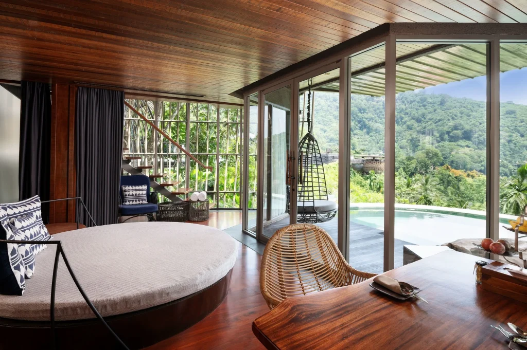 Rattan and teak interior of Wa Kiri villa at Keemala Thailand
