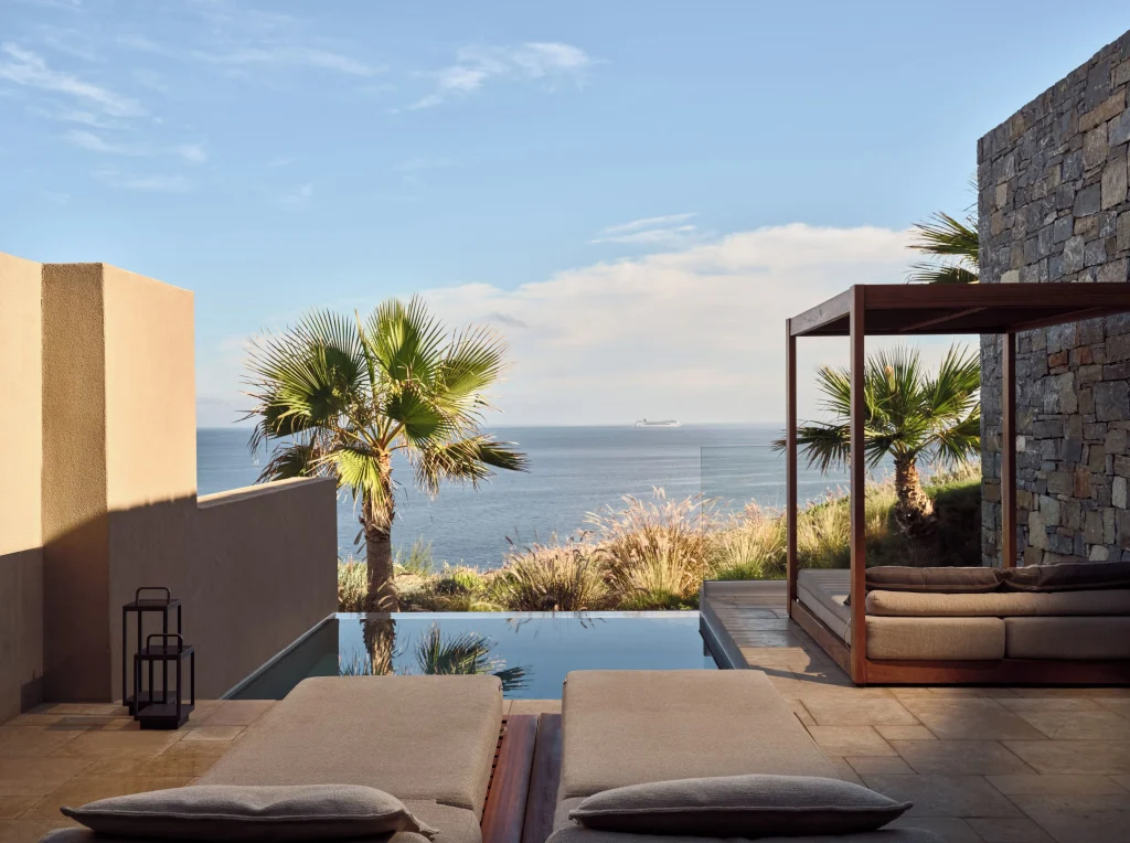 Acro Suites Wave Suite terrace with sea view and natural stone materials, Agia Pelagia Crete