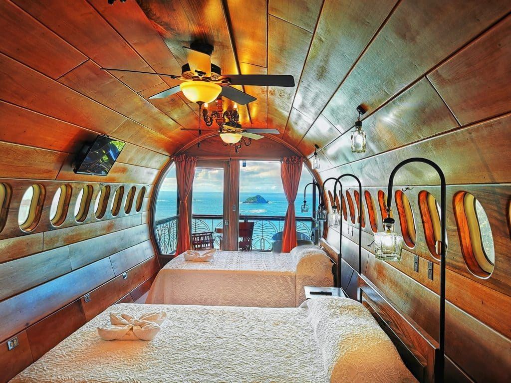 Bedroom inside the repurposed Boeing 727 airplane suite at Hotel Costa Verde, Manuel Antonio, Costa Rica