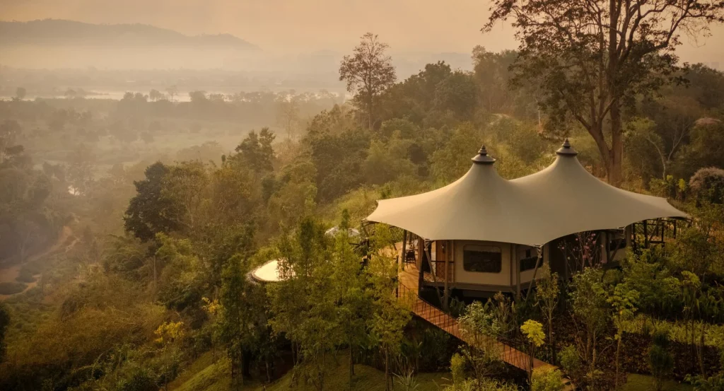 Anantara Golden Triangle Mekong Explorer Tent suite overlooking river and three-country border