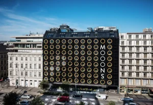 MOOONS Vienna black facade with circular windows, Wieden district