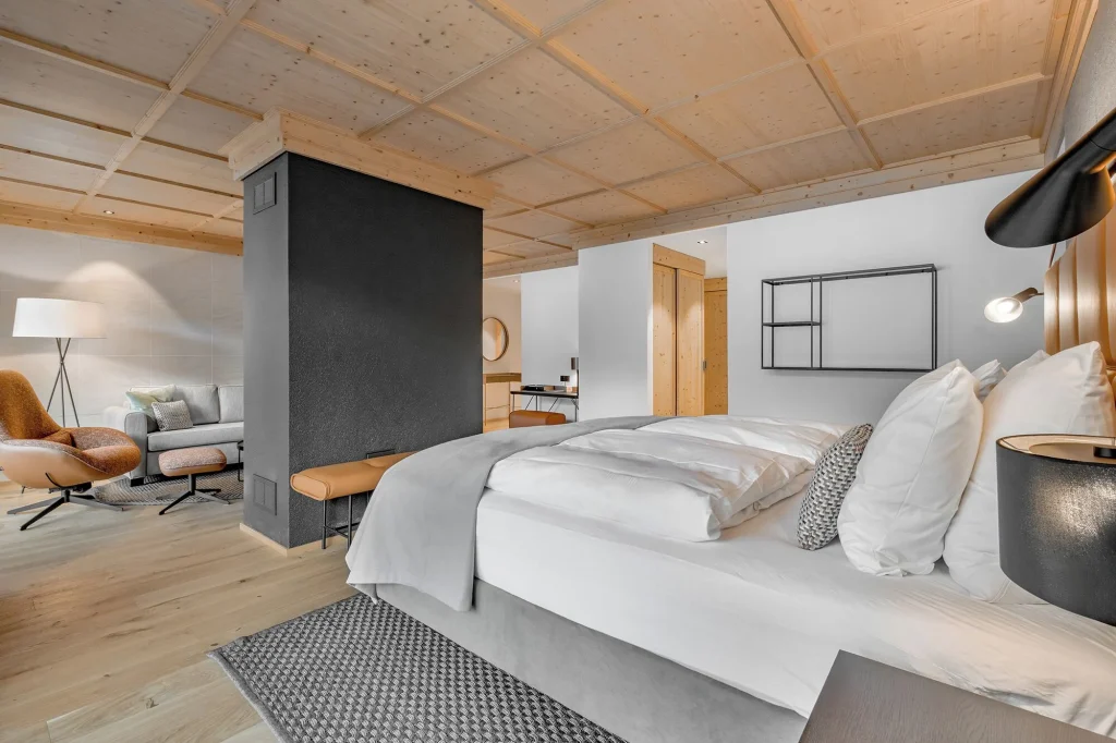 Minimalist room design at Aqua Dome Austria with warm neutral palette