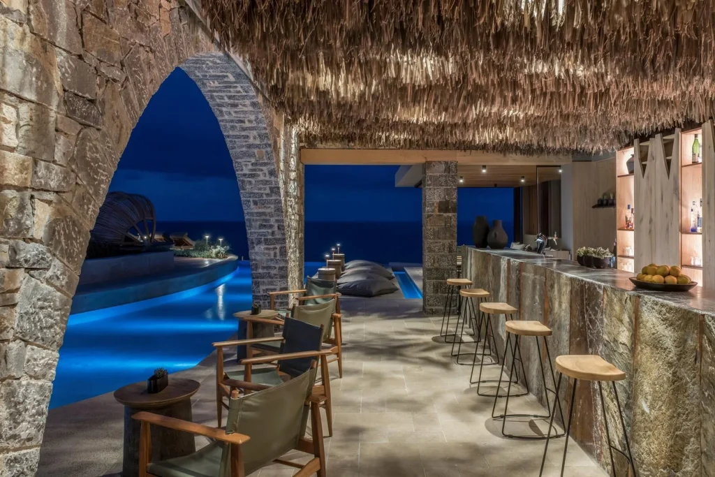 Pool bar at Acro Suites with panoramic Aegean sea views, Crete