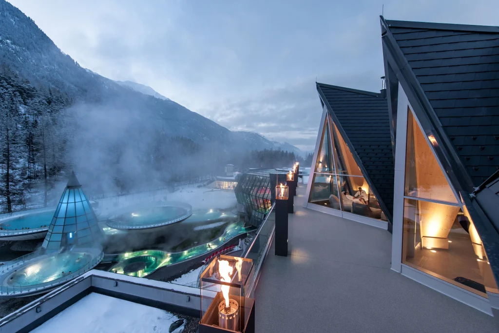 Winter mountain landscape surrounding Tirol Therme Längenfeld spa