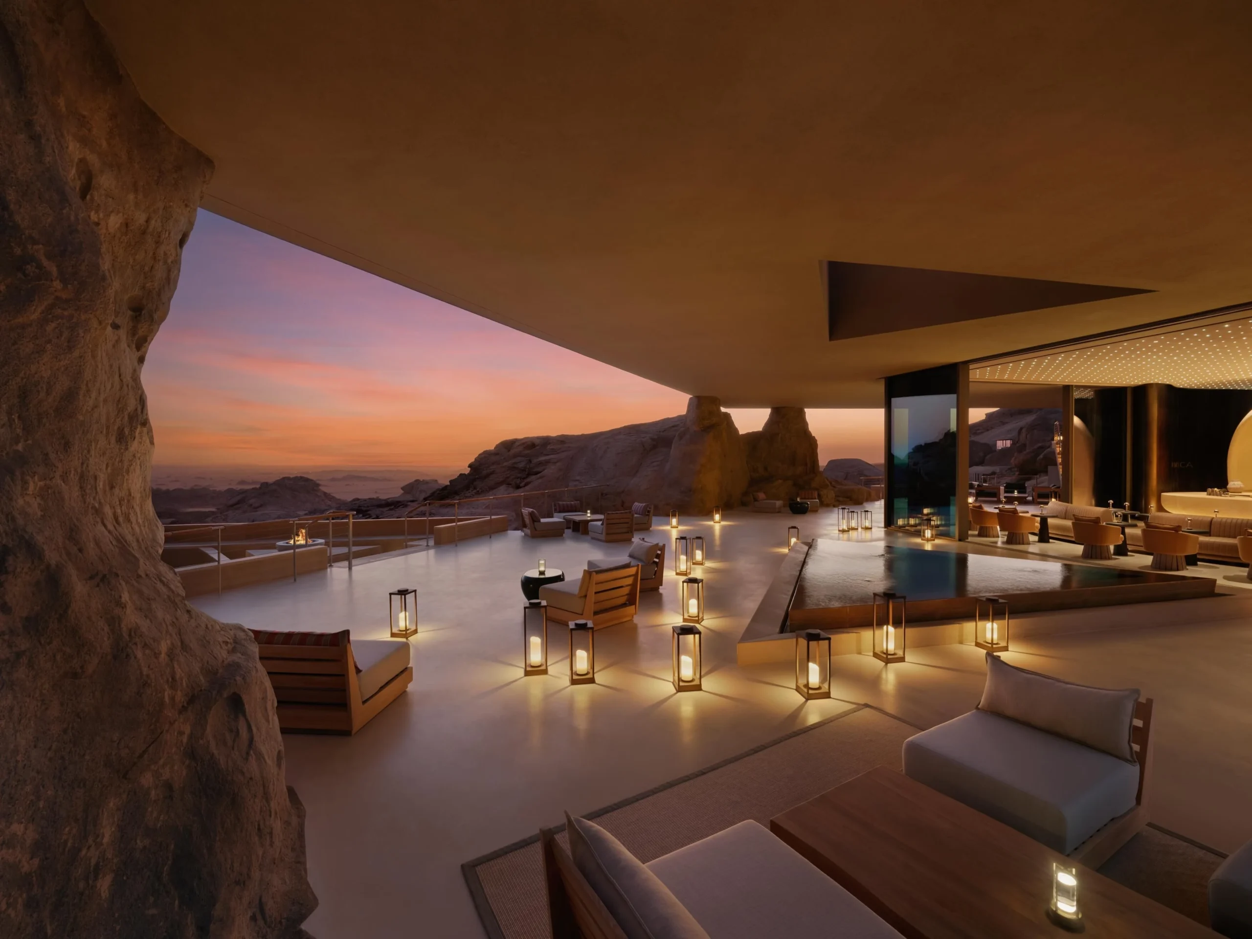 Desert Rock Resort Wadi Rum Jordan — rooms carved into rose-red sandstone cliffs