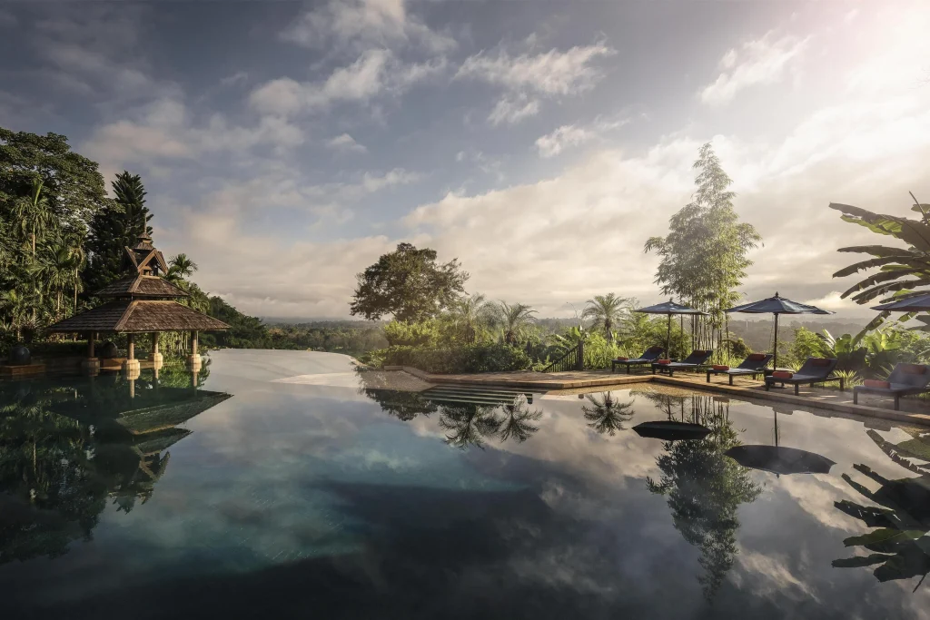 Anantara Golden Triangle resort perched on a hillside above the Mekong River, Golden Triangle Thailand
