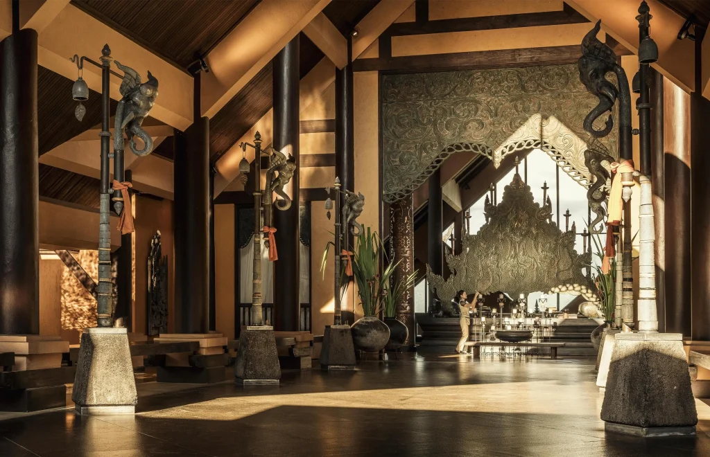 Anantara Golden Triangle Lanna-inspired interior teak wood and elephant motifs Chiang Rai