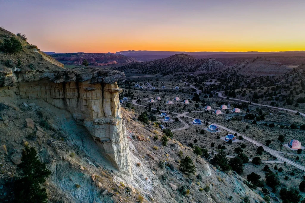 Exterior view of stargazing dome at Clear Sky Resorts Bryce Canyon surrounded by Utah desert landscape and hoodoo formations
