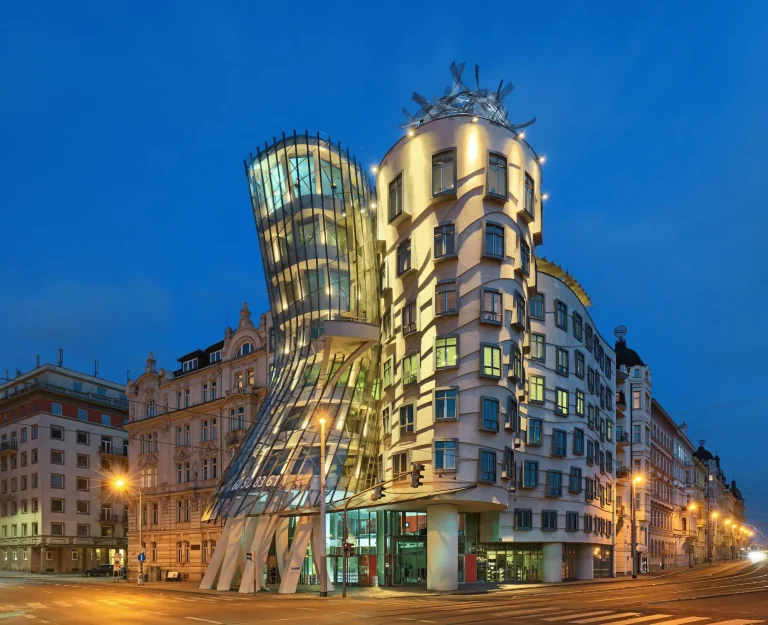 Dancing House Hotel Prague exterior — deconstructivist glass and stone towers by Vlado Milunić and Frank Gehry on the Vltava riverfront