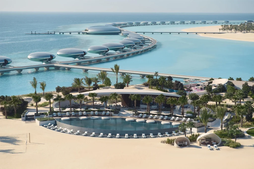 Overwater bungalow deck at Shebara Resort with private pool and Red Sea view, Umluj, Saudi Arabia