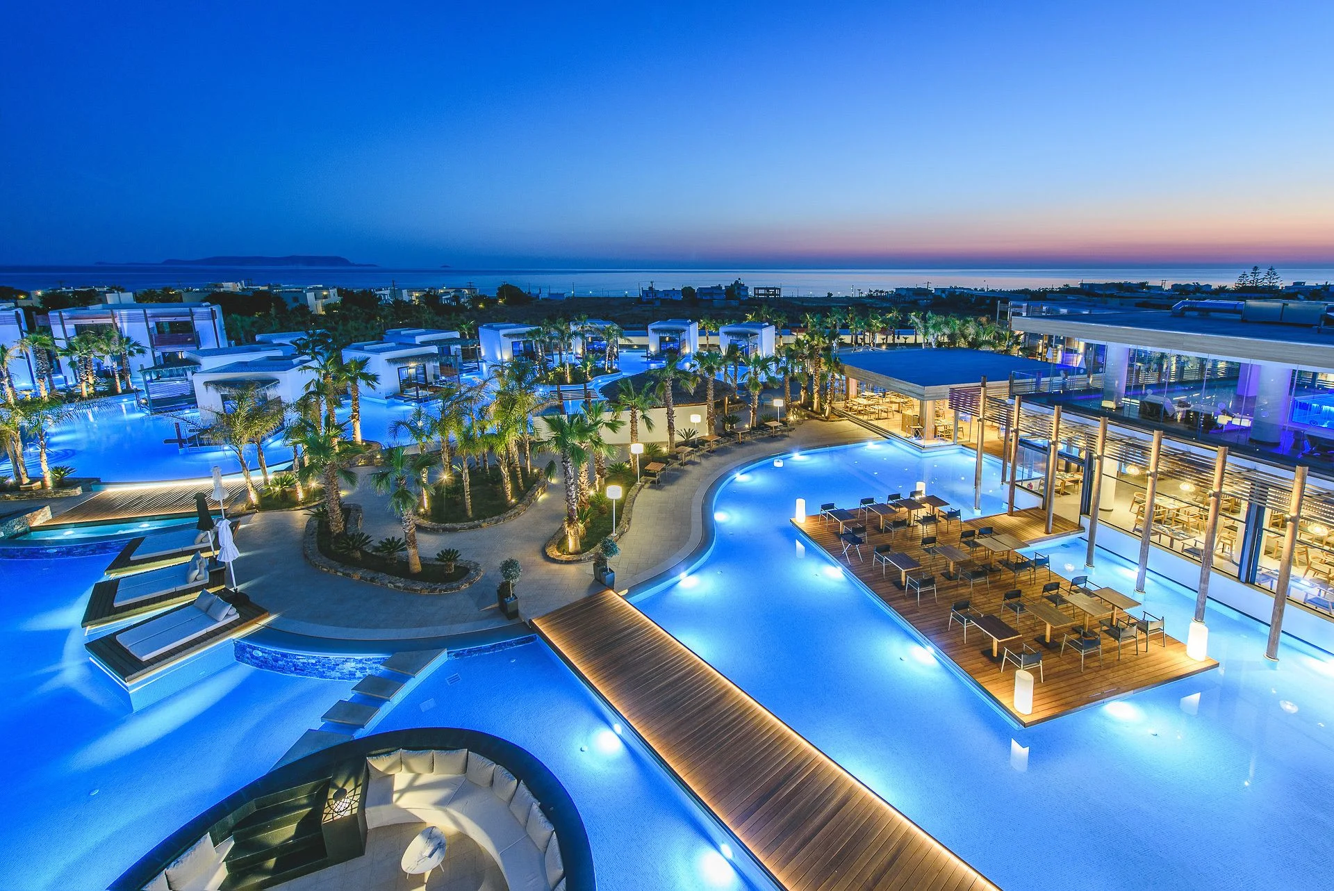 Stella Island Crete aerial view of lagoon pool floating hotel resort Hersonissos