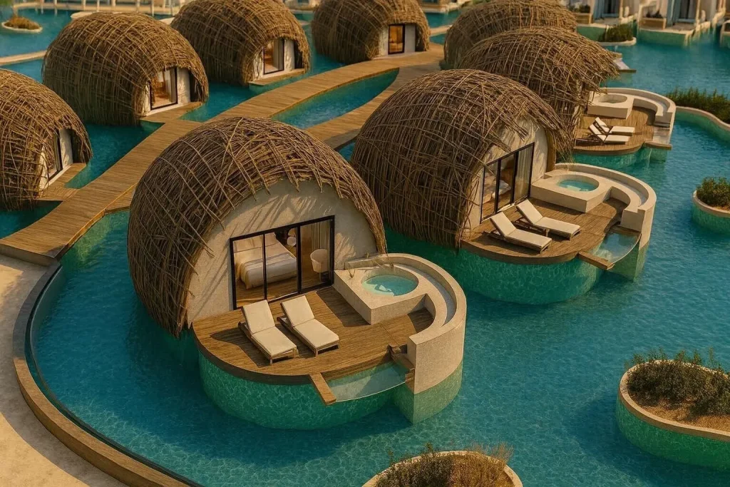 Grand Overwater Bungalow with Jacuzzi Stella Island Crete deck above lagoon pool