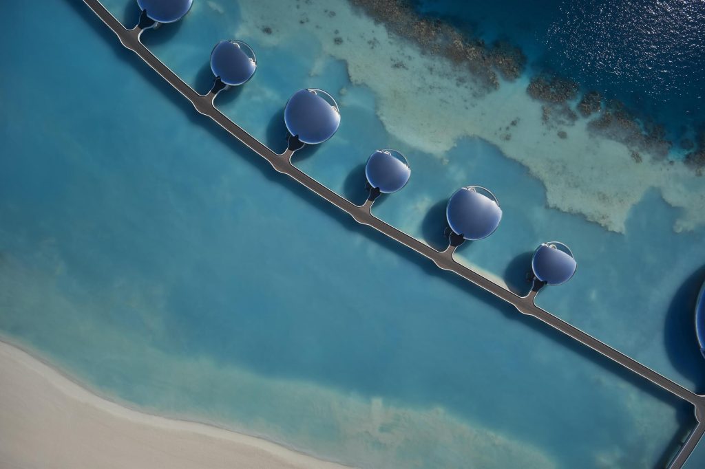 Aerial view of Shebara Resort floating bungalows above the Red Sea, Umluj, Saudi Arabia