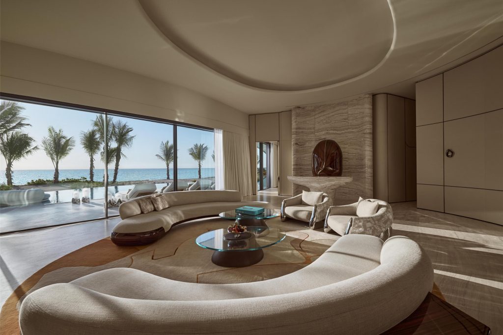 Interior of Shebara Resort floating bungalow showing private pool deck and Red Sea, Saudi Arabia