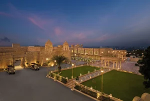 Traditional carved sandstone details inspired by Rajasthani architecture