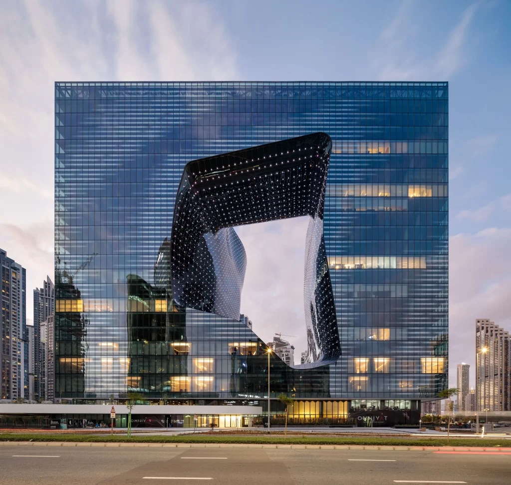 The Opus glass cube and curved central opening in Dubai