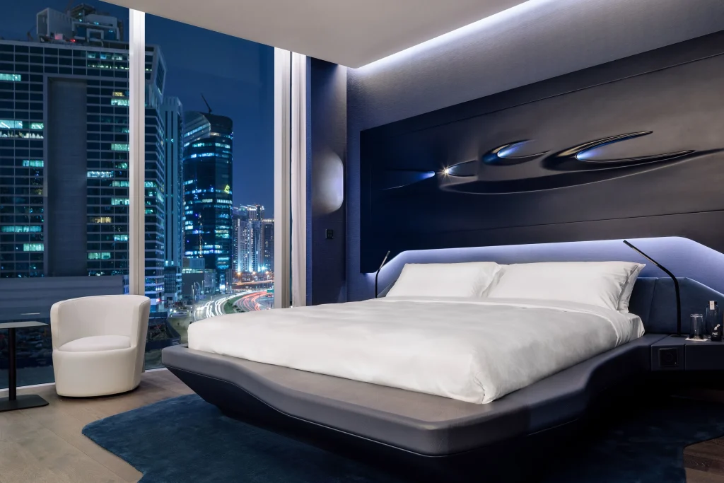 ME Dubai guest room with sculptural Zaha Hadid design